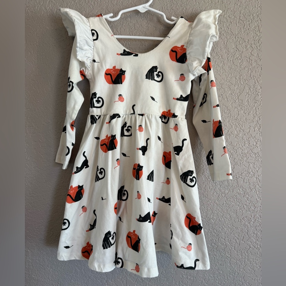 Charming White and Black Cat Print Kids Casual Dress
